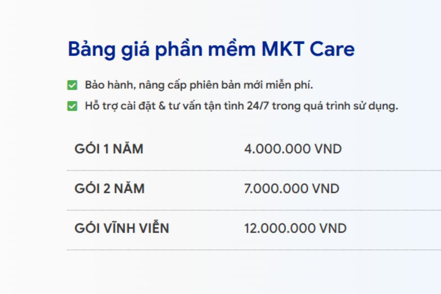 Bảng giá phần mềm MKT Care