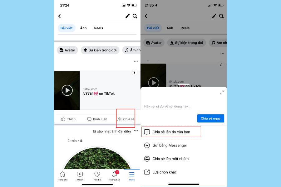Chọn Chia sẻ lên tin của bạn