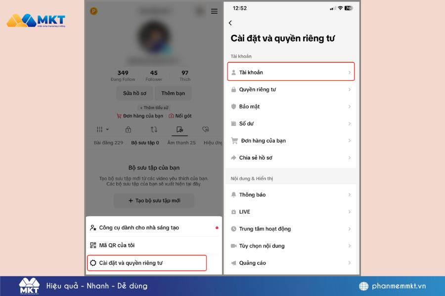 "Cài đặt và quyền riêng tư" > Chọn "Quản lý tài khoản"