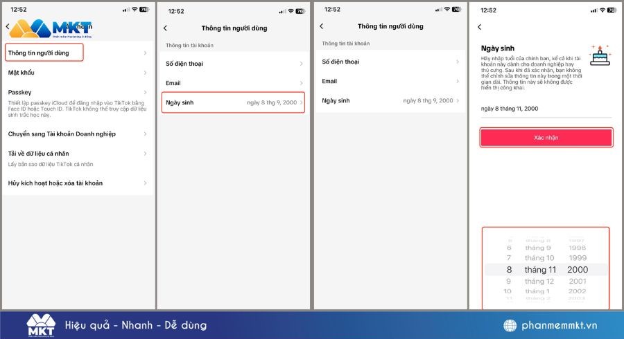 Chọn "Ngày sinh" và cập nhật lại thông tin sao cho phù hợp