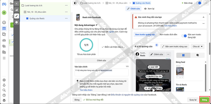 Bấm Đăng để Facebook xét duyệt quảng cáo