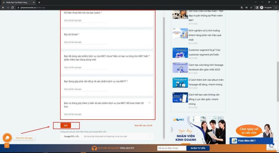 Điền thông tin khiếu nại 
